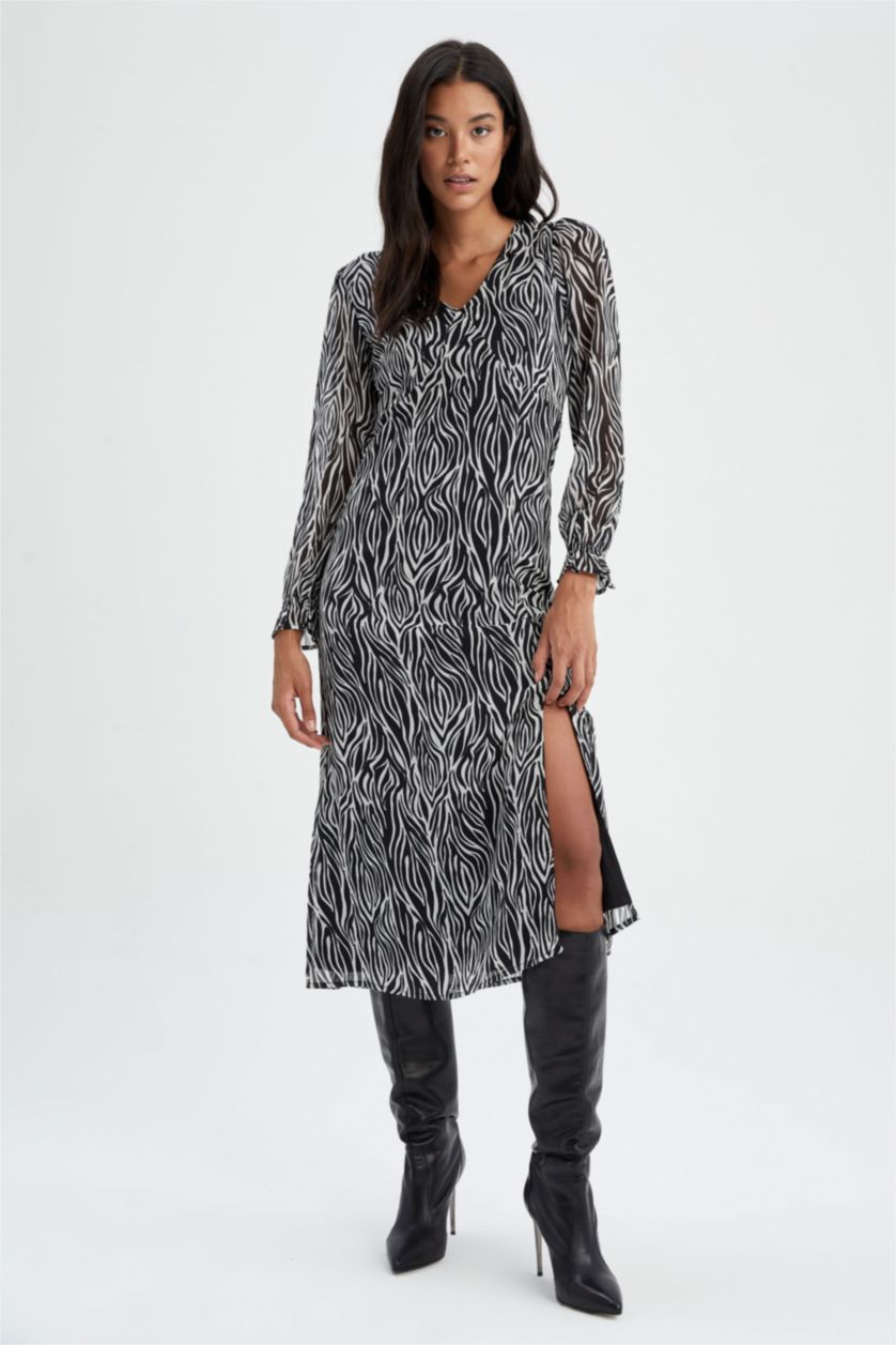 Әйелдерге қара a сызығы жануар v жаға ұзын жеңді Ұзын жеңді тоқылған көйлек