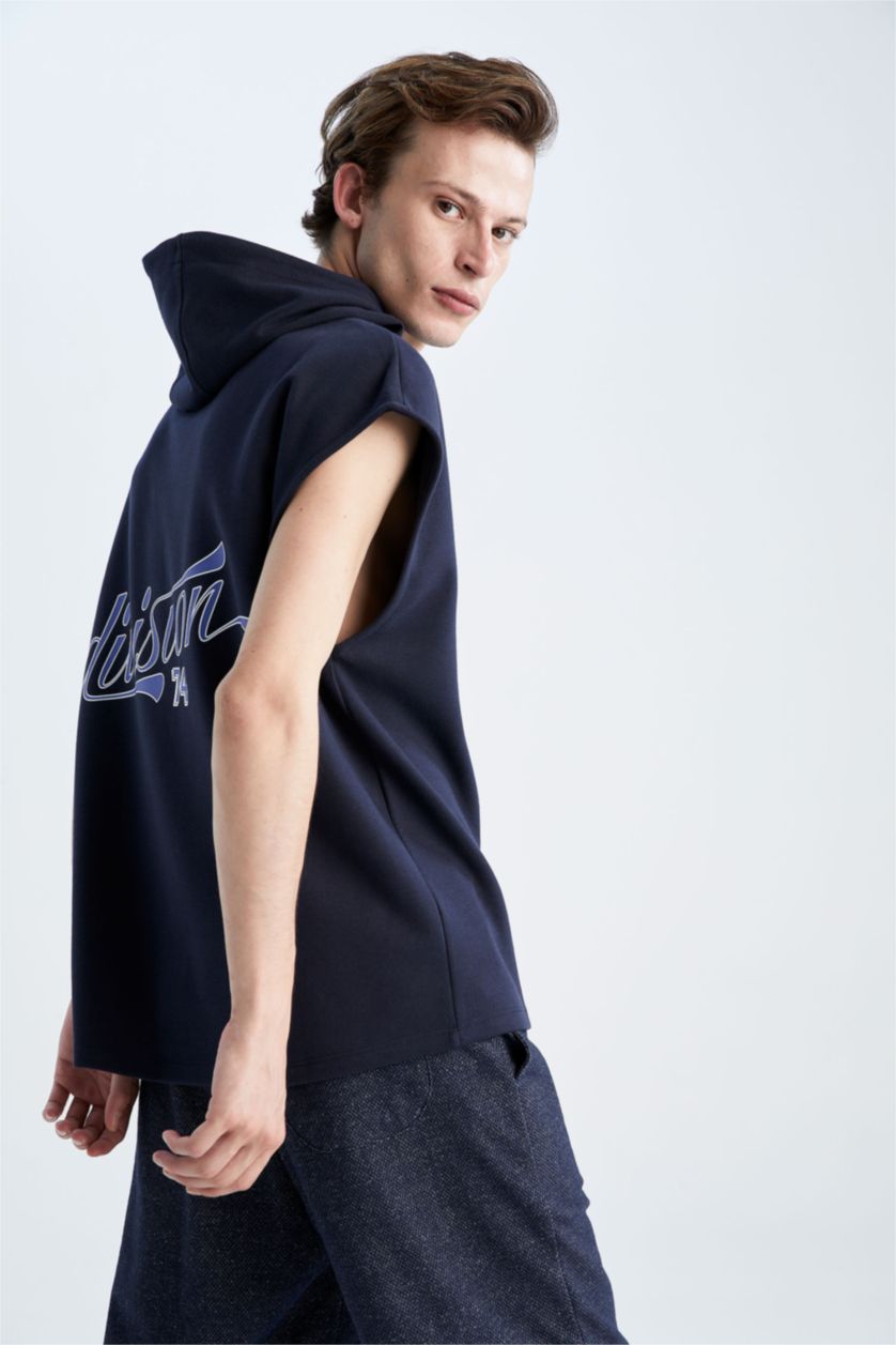 Man Indigo Melange Slim Fit Hooded Back Printed Sleeveless T-Shirt