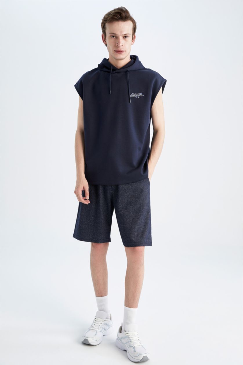 Man Indigo Melange Slim Fit Hooded Back Printed Sleeveless T-Shirt