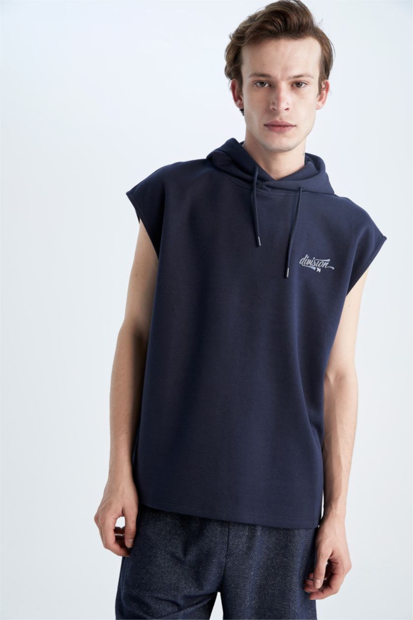 Man Indigo Melange Slim Fit Hooded Back Printed Sleeveless T-Shirt