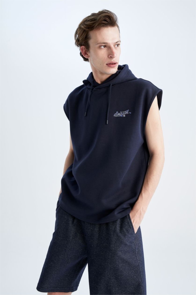 Man Indigo Melange Slim Fit Hooded Back Printed Sleeveless T-Shirt