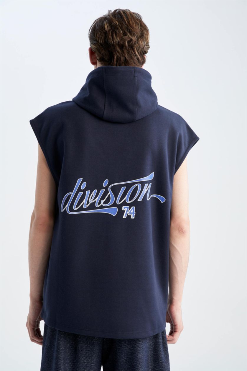 Man Indigo Melange Slim Fit Hooded Back Printed Sleeveless T-Shirt