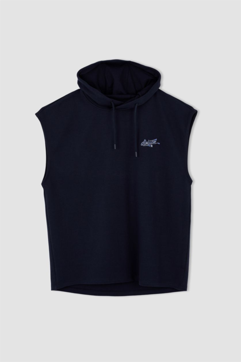 Man Indigo Melange Slim Fit Hooded Back Printed Sleeveless T-Shirt