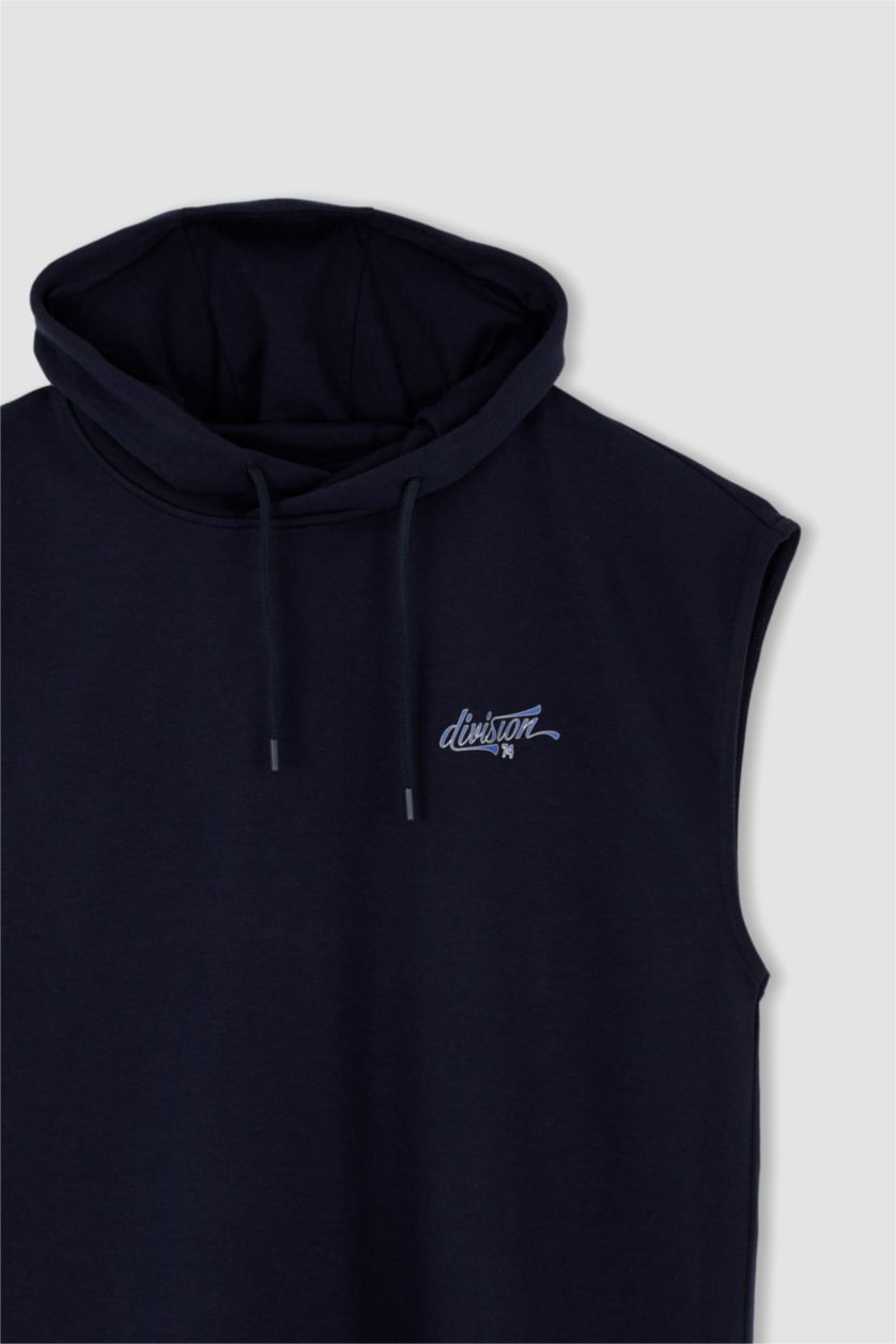 Man Indigo Melange Slim Fit Hooded Back Printed Sleeveless T-Shirt