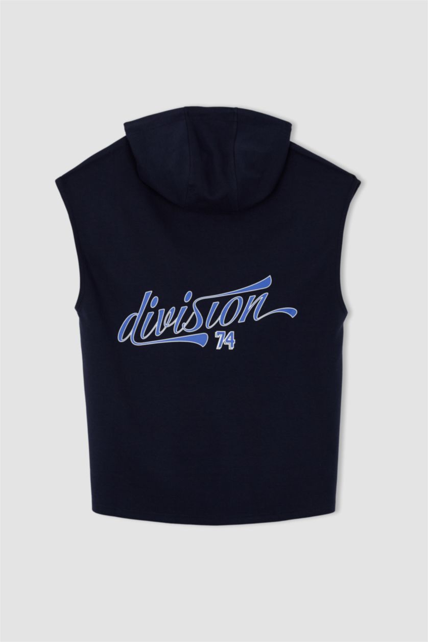 Man Indigo Melange Slim Fit Hooded Back Printed Sleeveless T-Shirt