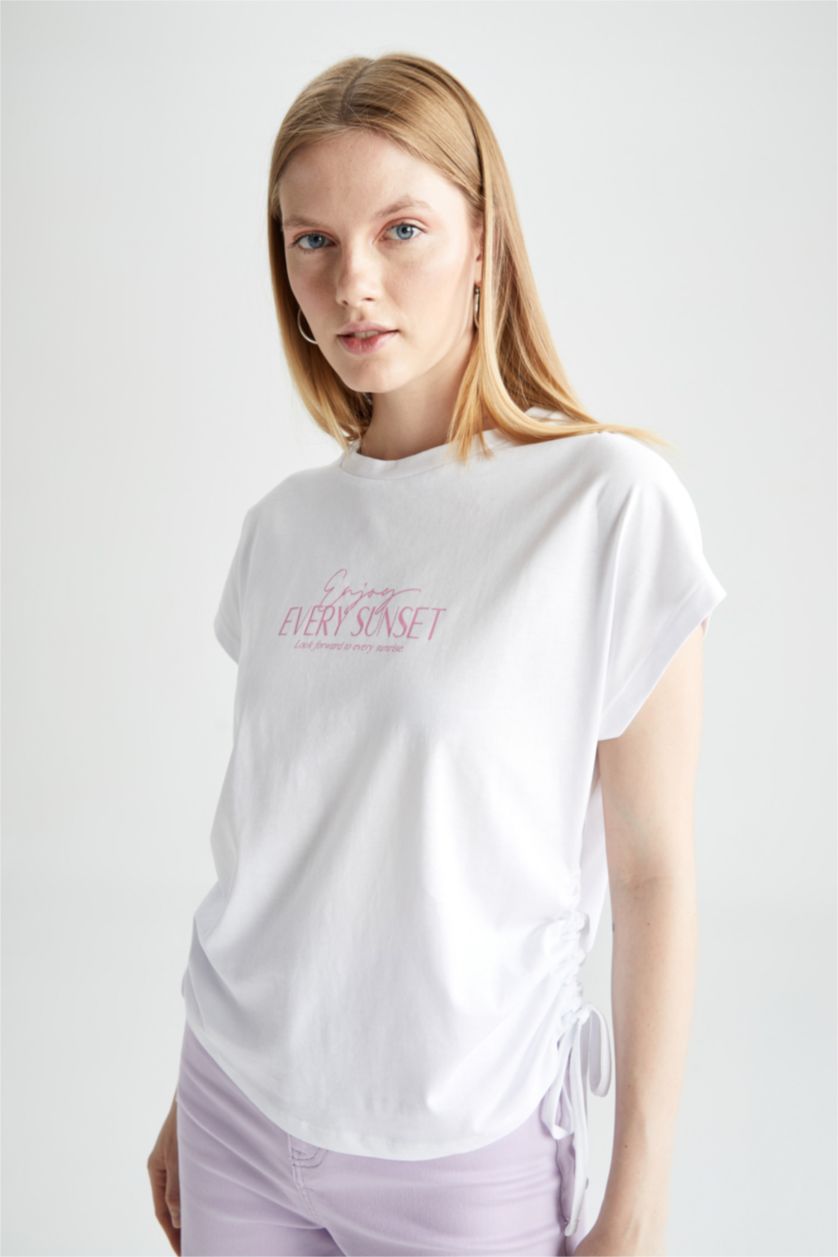 FEMME Blanc T-Shirt À Manches Courtes Slogan Col Ras Du Cou