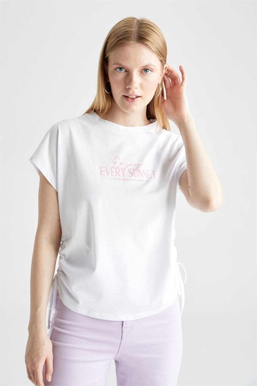 FEMME Blanc T-Shirt À Manches Courtes Slogan Col Ras Du Cou
