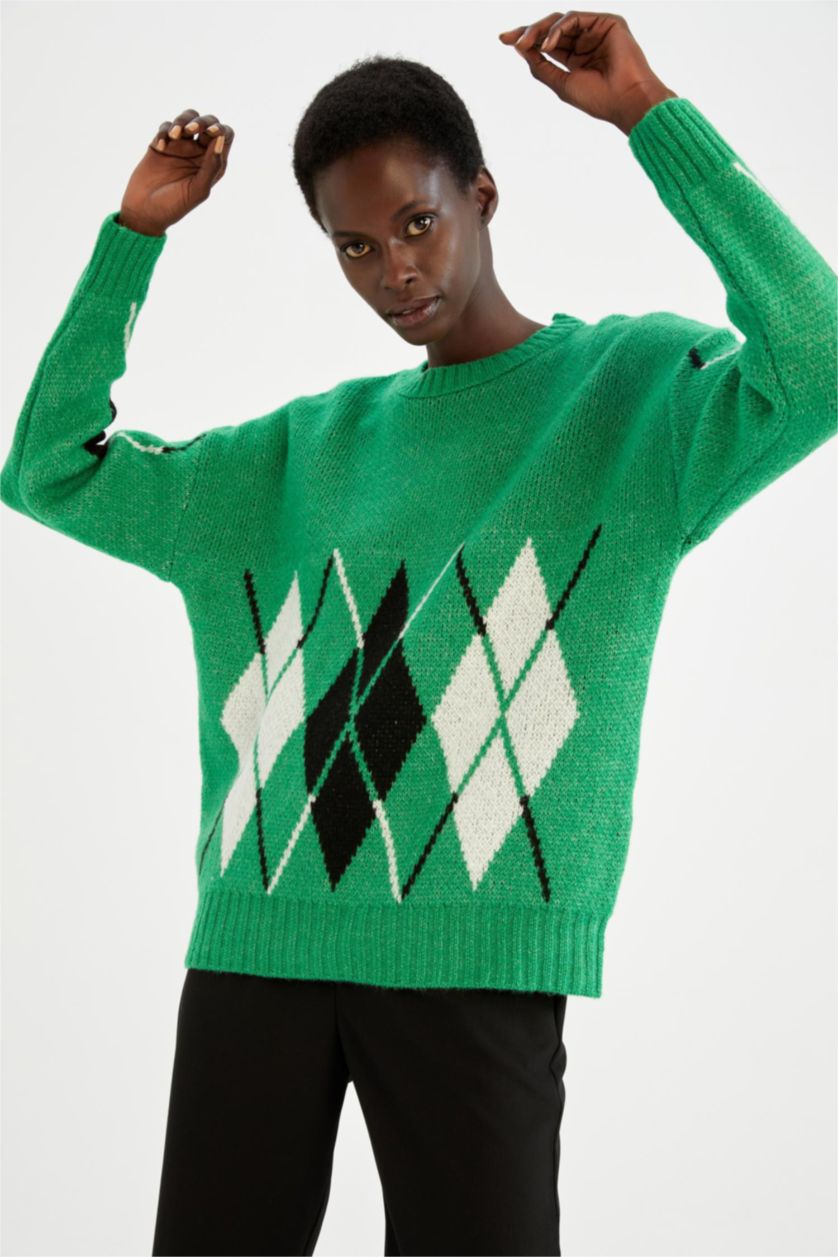 WOMAN Green Oversize Fit Crew Neck Pullover