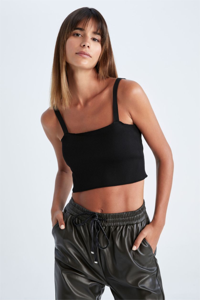 Kadın Siyah Fıtted Straplez Ribana Atlet