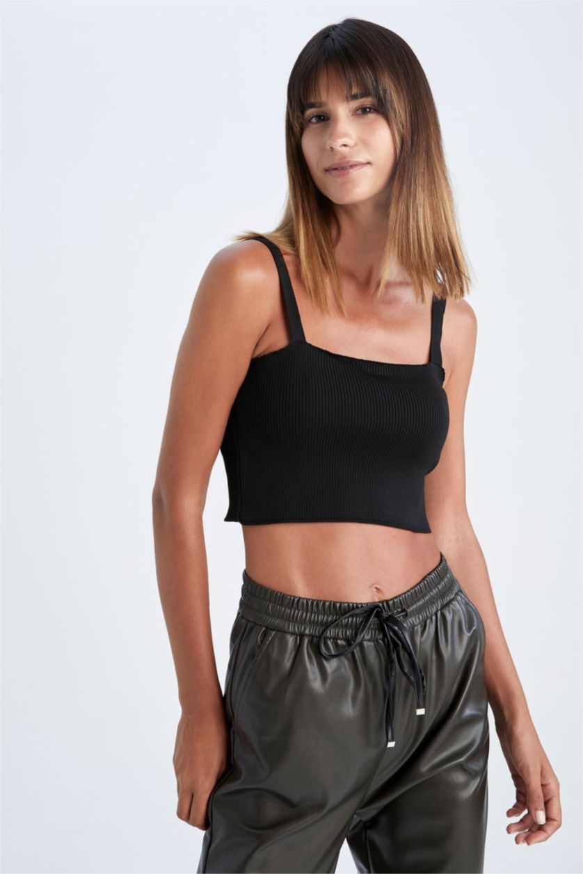 Kadın Siyah Fıtted Straplez Ribana Atlet