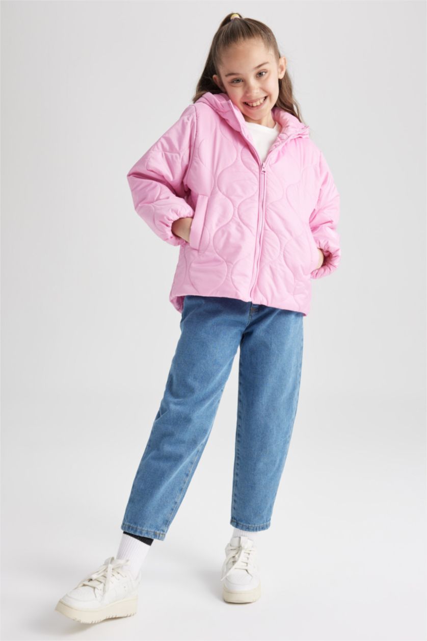 Kız Çocuk - Genç Kız Pembe Kız Çocuk Kapitoneli Kapüşonlu Şişme Mont