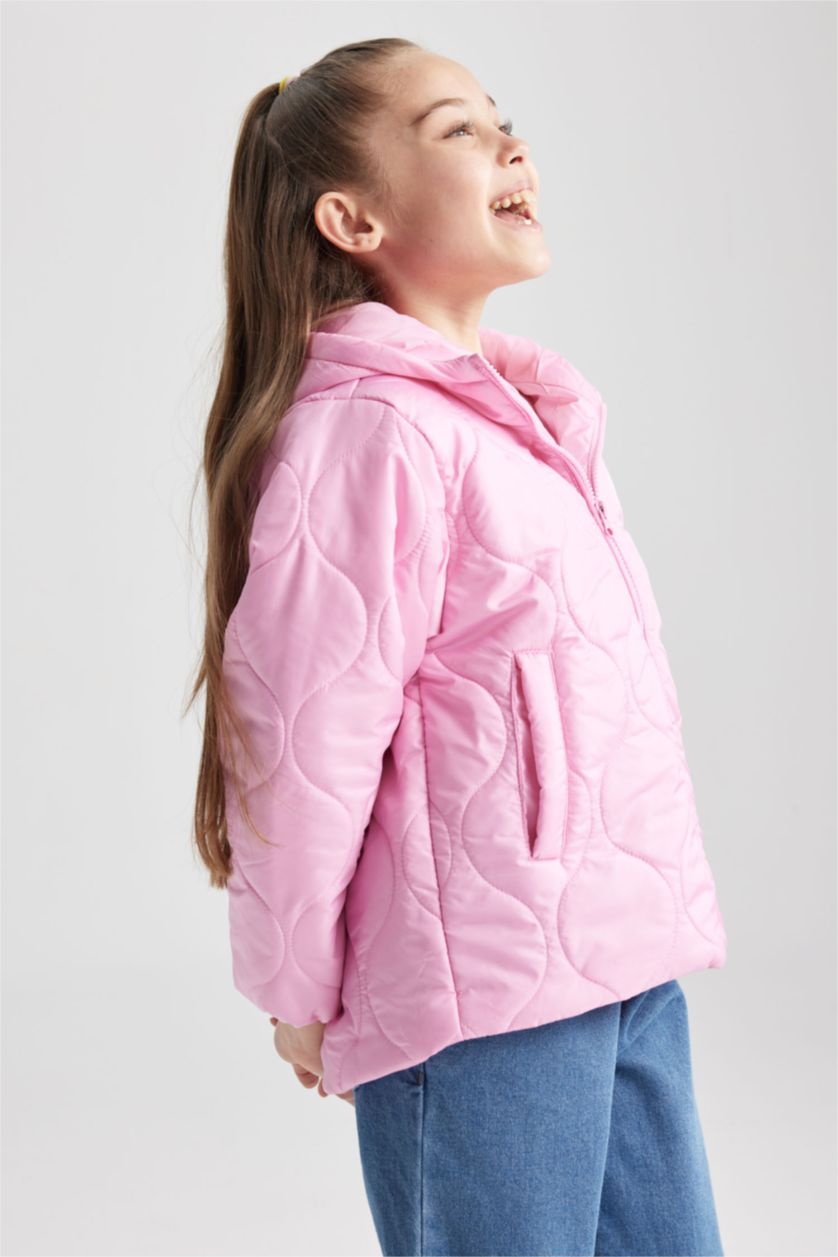 Kız Çocuk - Genç Kız Pembe Kız Çocuk Kapitoneli Kapüşonlu Şişme Mont