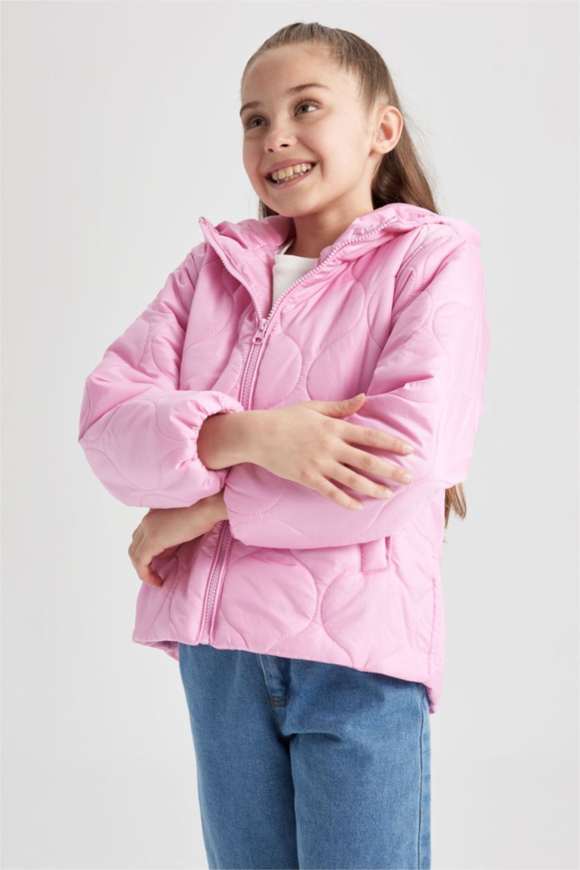 Kız Çocuk - Genç Kız Pembe Kız Çocuk Kapitoneli Kapüşonlu Şişme Mont