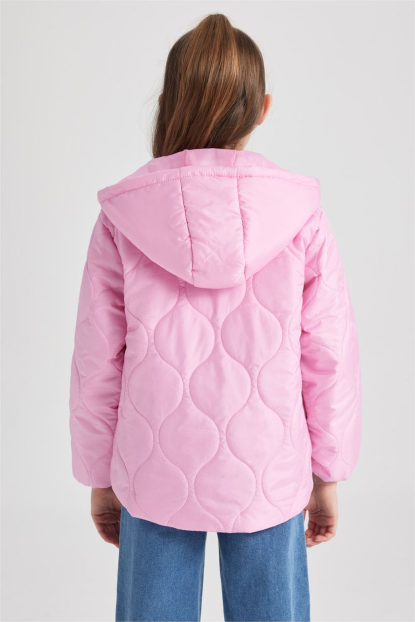 Kız Çocuk - Genç Kız Pembe Kız Çocuk Kapitoneli Kapüşonlu Şişme Mont