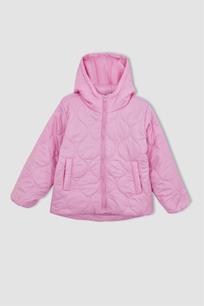Kız Çocuk - Genç Kız Pembe Kız Çocuk Kapitoneli Kapüşonlu Şişme Mont