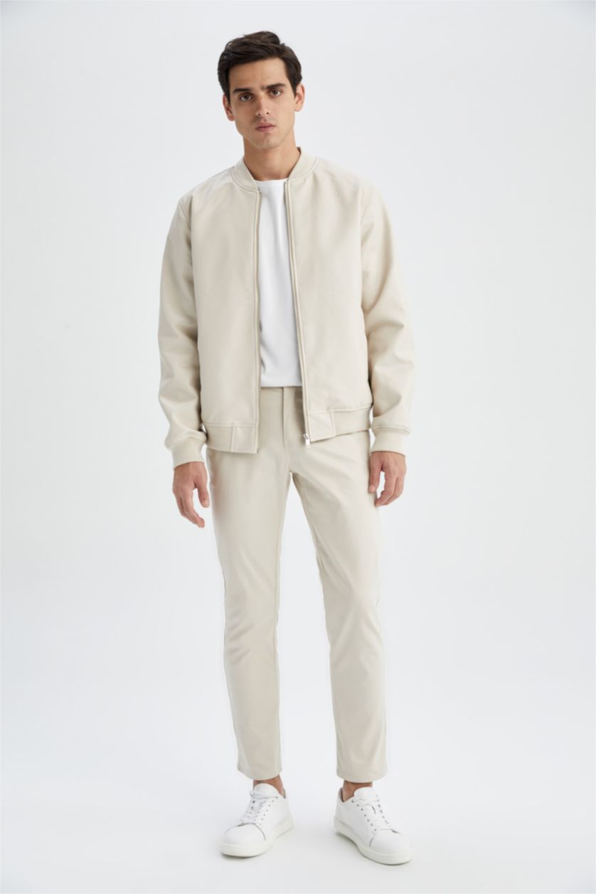 Erkek Kum Regular Fit Kolej Yaka Fermuar Kapamalı Çift Cepli Mevsimlik Hafif İnce Suni Deri Bomber Mont Ceket