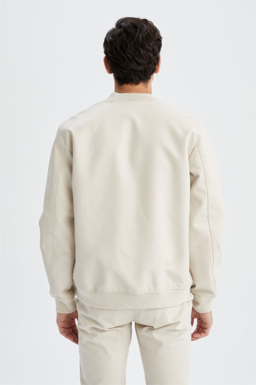 Erkek Kum Regular Fit Kolej Yaka Fermuar Kapamalı Çift Cepli Mevsimlik Hafif İnce Suni Deri Bomber Mont Ceket