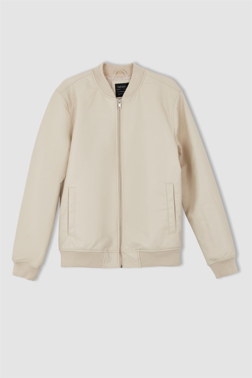 Erkek Kum Regular Fit Kolej Yaka Fermuar Kapamalı Çift Cepli Mevsimlik Hafif İnce Suni Deri Bomber Mont Ceket