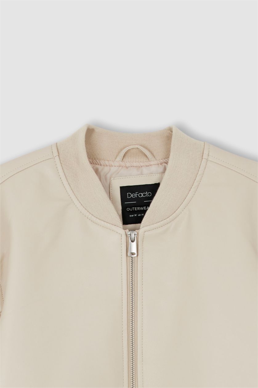 Erkek Kum Regular Fit Kolej Yaka Fermuar Kapamalı Çift Cepli Mevsimlik Hafif İnce Suni Deri Bomber Mont Ceket