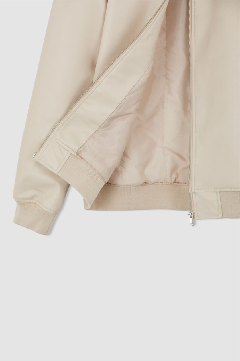 Erkek Kum Regular Fit Kolej Yaka Fermuar Kapamalı Çift Cepli Mevsimlik Hafif İnce Suni Deri Bomber Mont Ceket