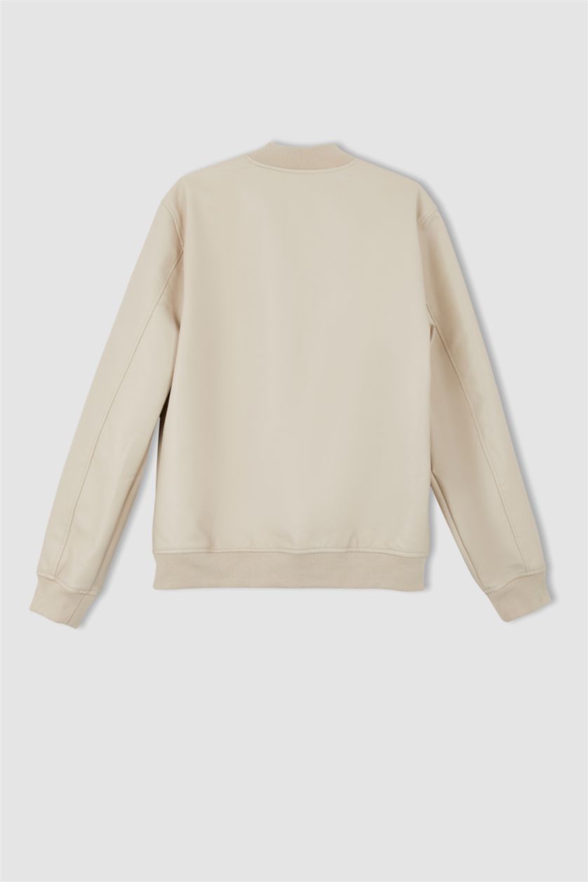 Erkek Kum Regular Fit Kolej Yaka Fermuar Kapamalı Çift Cepli Mevsimlik Hafif İnce Suni Deri Bomber Mont Ceket