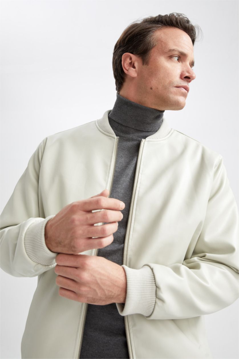 Man Ecru Regular Fit College Collar Bomber Jacket Faux Leather Coat