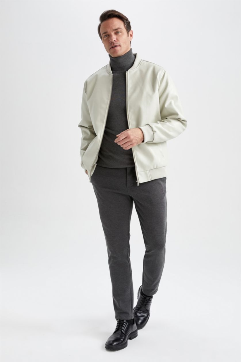 Man Ecru Regular Fit College Collar Bomber Jacket Faux Leather Coat