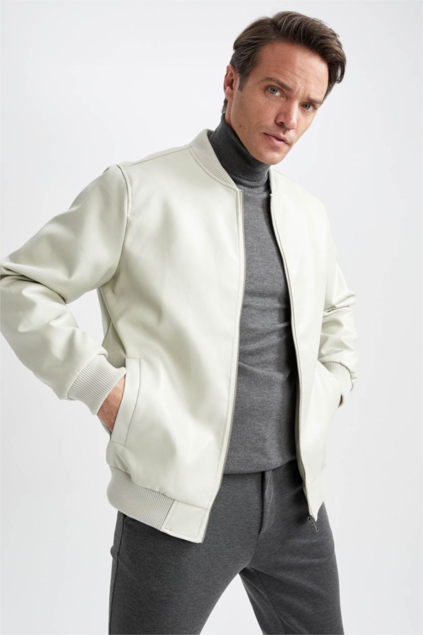 Man Ecru Regular Fit College Collar Bomber Jacket Faux Leather Coat
