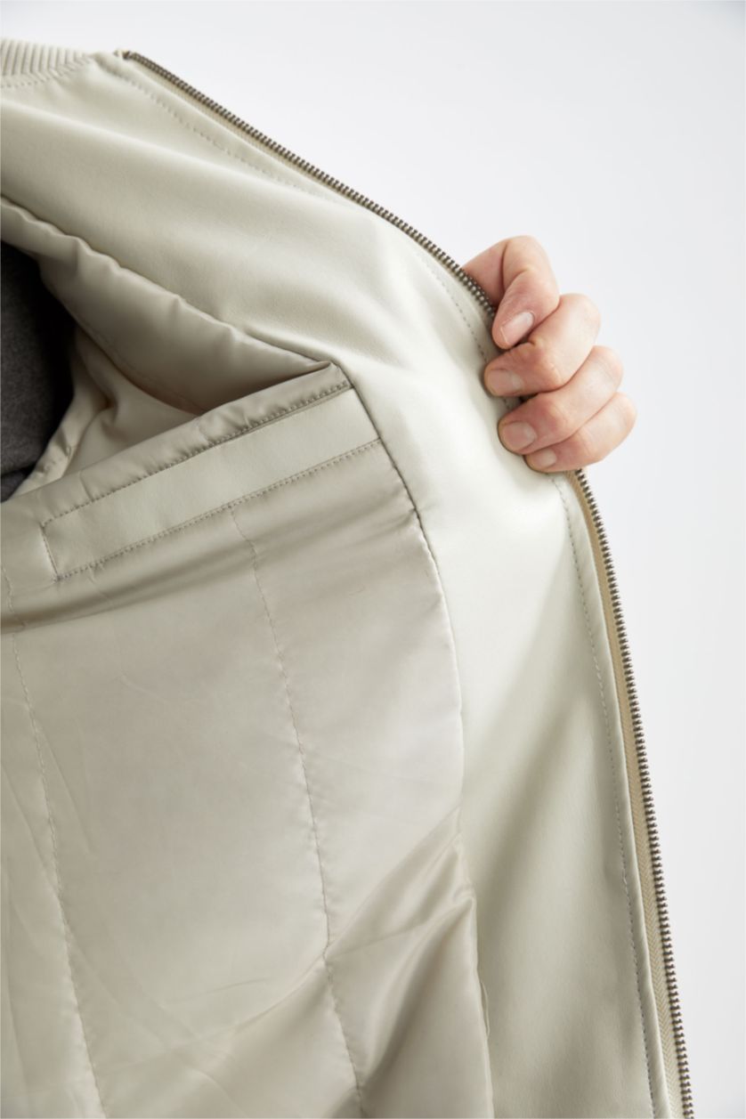 Man Ecru Regular Fit College Collar Bomber Jacket Faux Leather Coat