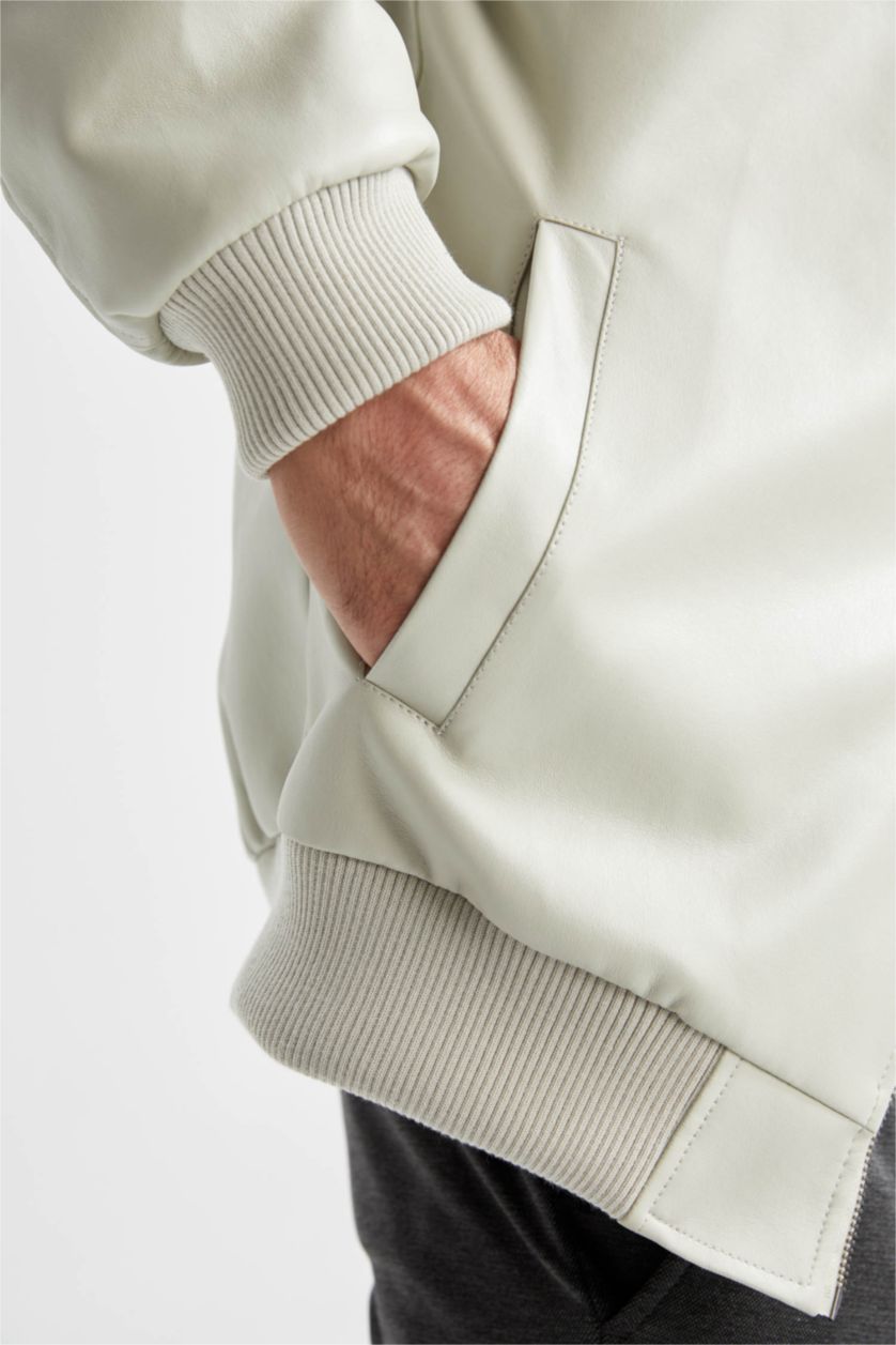 Man Ecru Regular Fit College Collar Bomber Jacket Faux Leather Coat