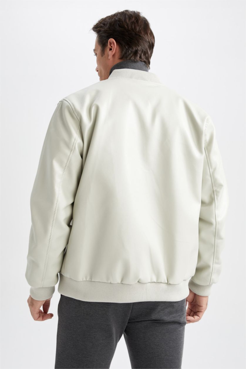 Man Ecru Regular Fit College Collar Bomber Jacket Faux Leather Coat