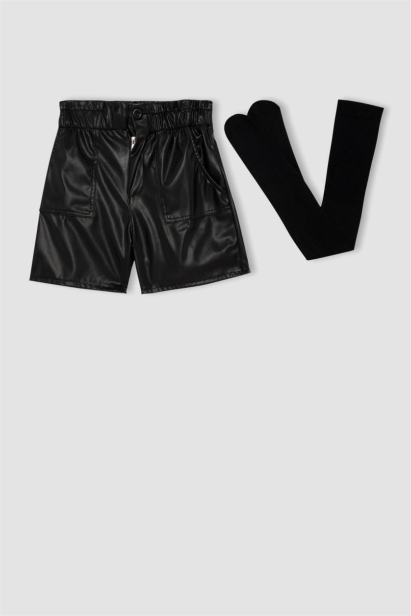 بناتي أسود شورت بناتي جلد صناعي