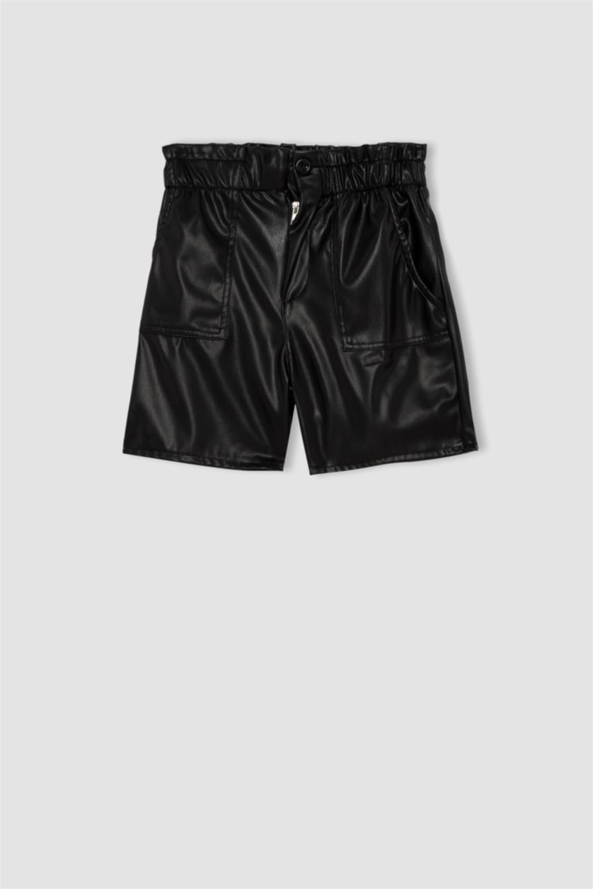 بناتي أسود شورت بناتي جلد صناعي