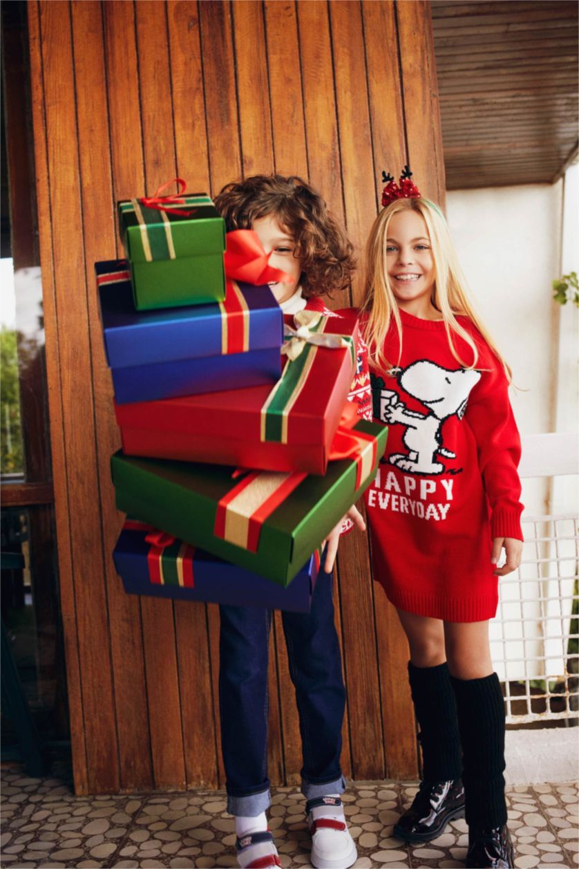 FILLES Rouge Robe Tricot Col rond Manche Longue Snoopy