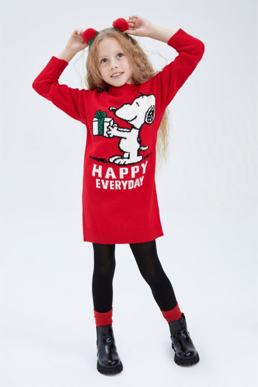 FILLES Rouge Robe Tricot Col rond Manche Longue Snoopy