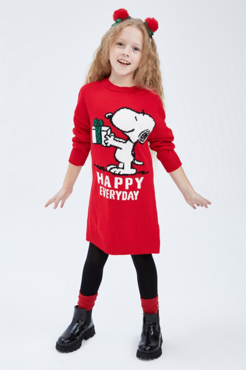FILLES Rouge Robe Tricot Col rond Manche Longue Snoopy