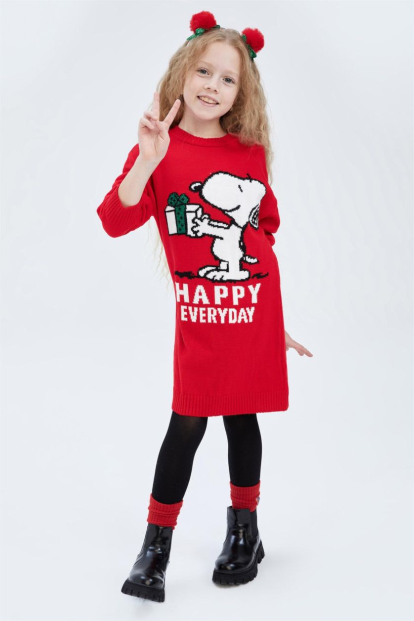FILLES Rouge Robe Tricot Col rond Manche Longue Snoopy