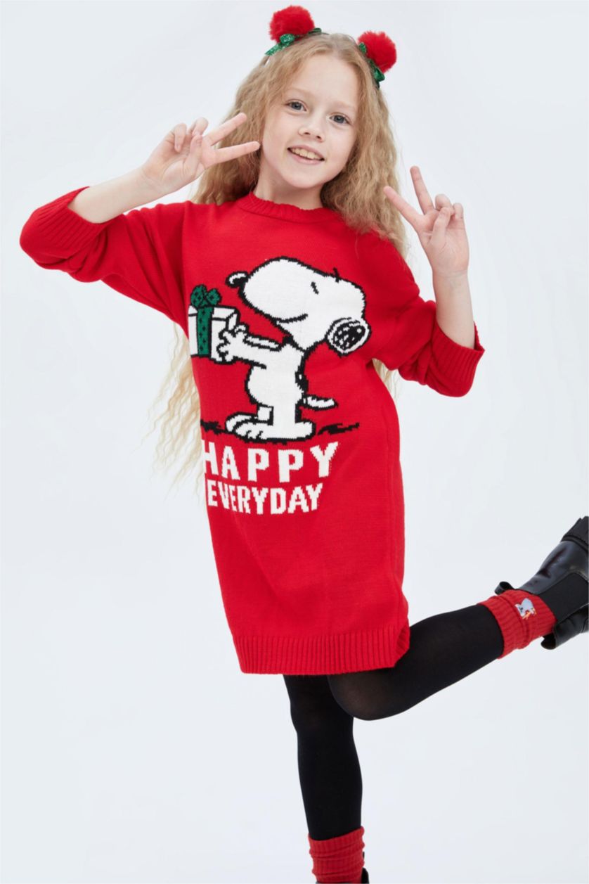 FILLES Rouge Robe Tricot Col rond Manche Longue Snoopy