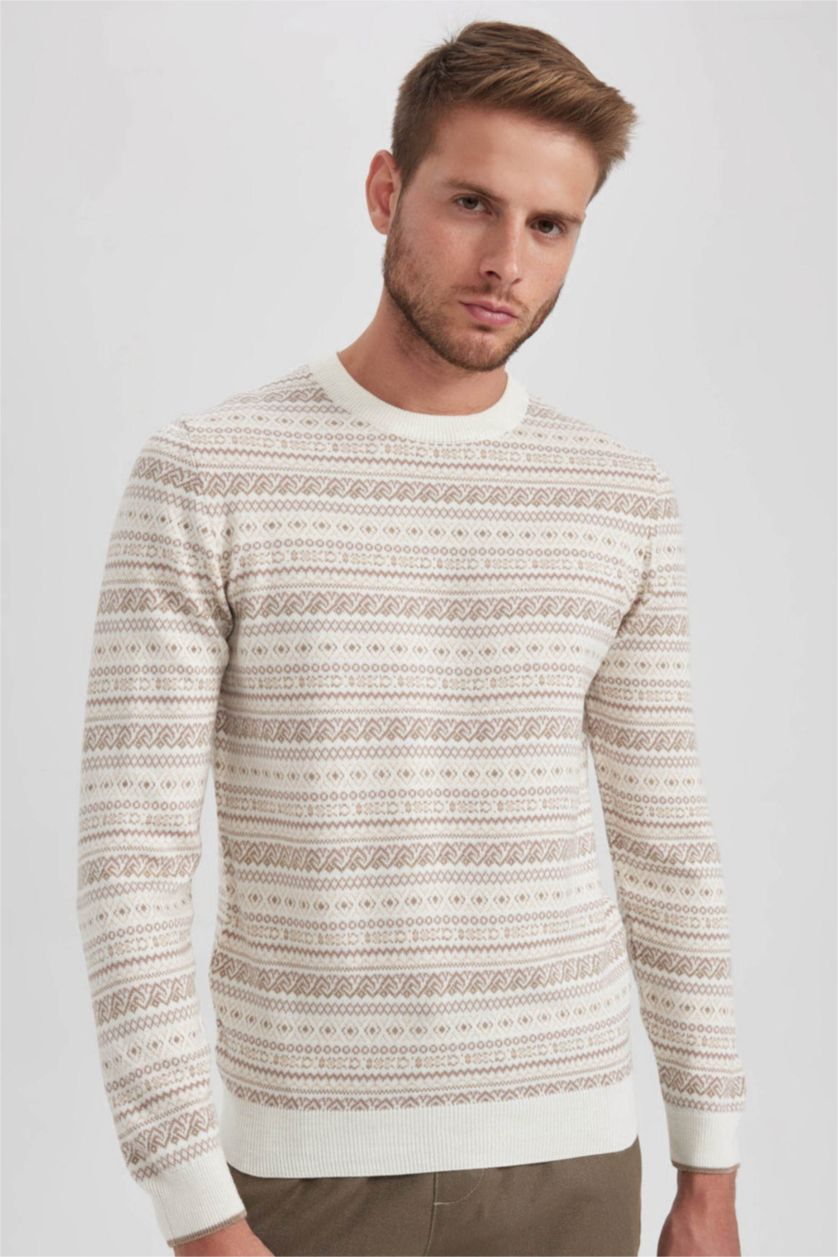 MAN Stone Standard Fit Patterned Crew Neck Knitted Pullover