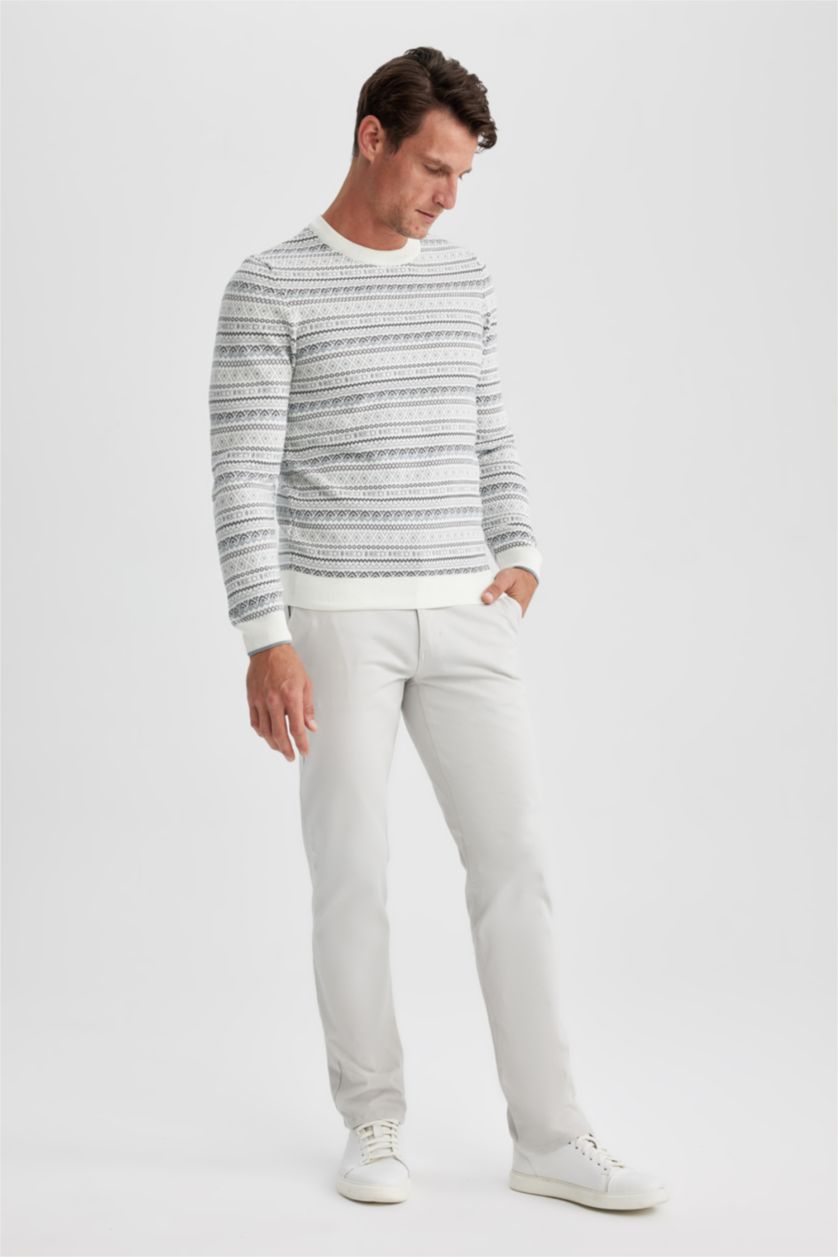 Erkek Gri Melanj Standart Fit Normal Kesim Desenli Bisiklet Yaka Triko Kazak