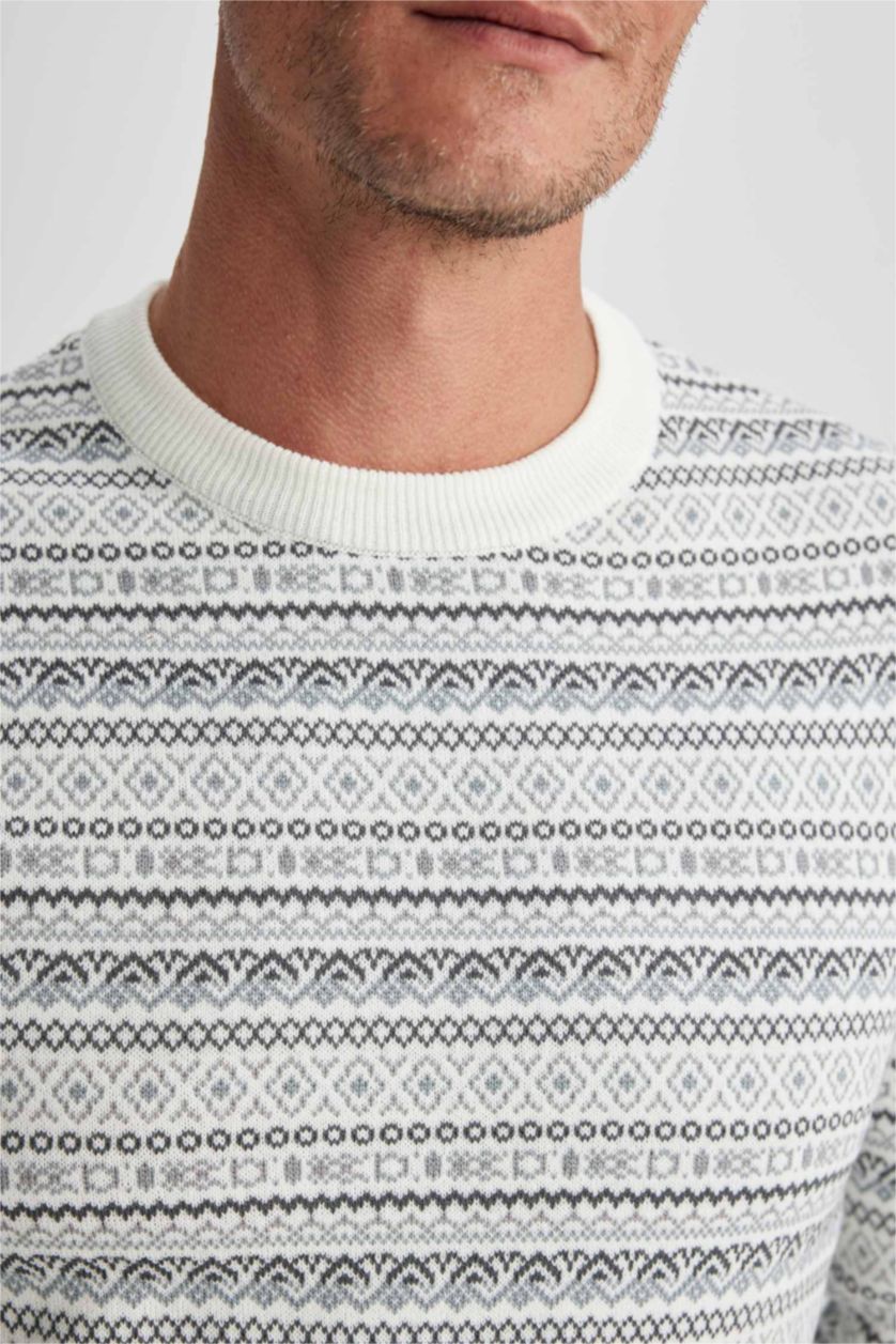 Erkek Gri Melanj Standart Fit Normal Kesim Desenli Bisiklet Yaka Triko Kazak