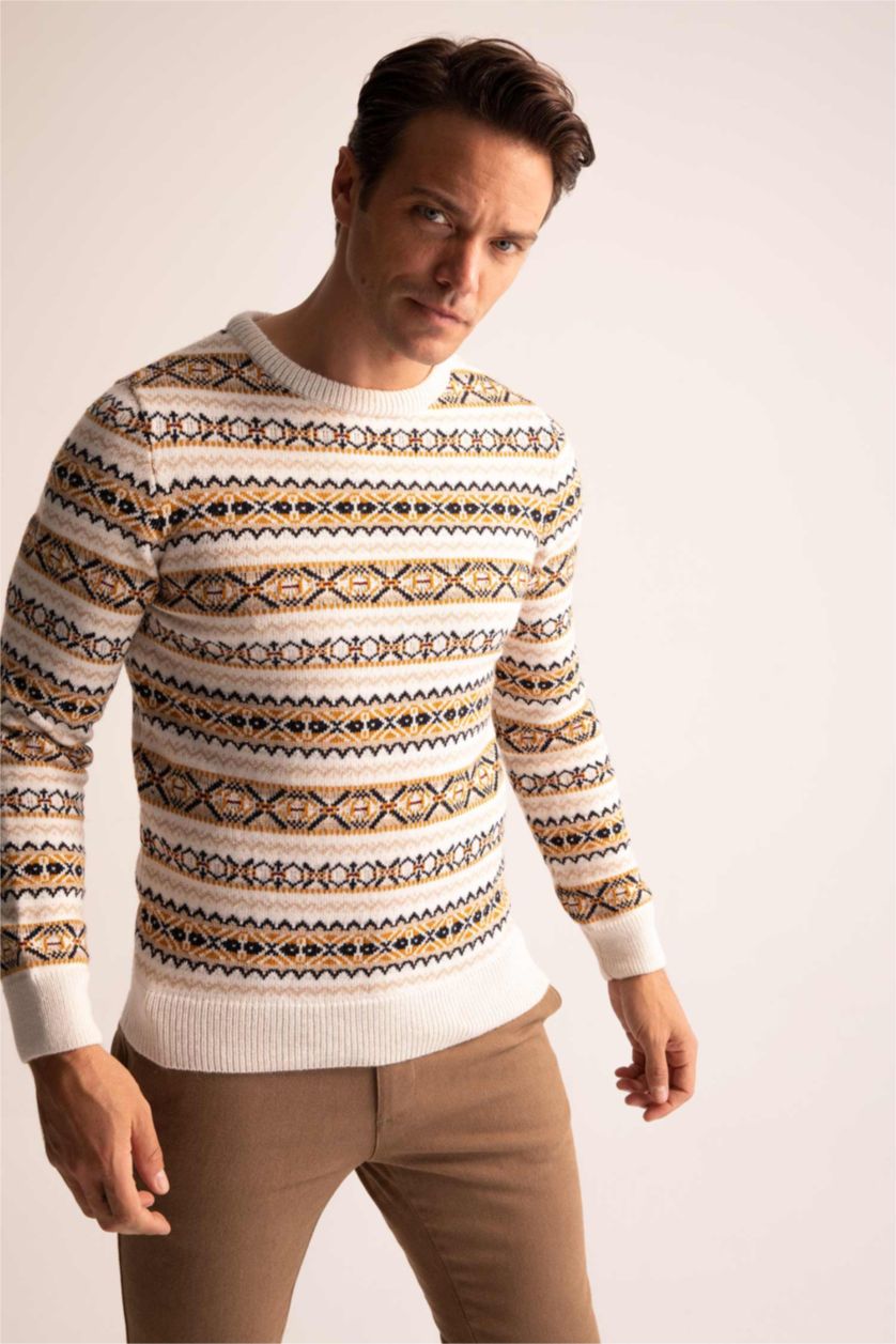 MAN Light Beige Melange Regular Fit Crew Neck Patterned Sustainable Knitwear Sweater