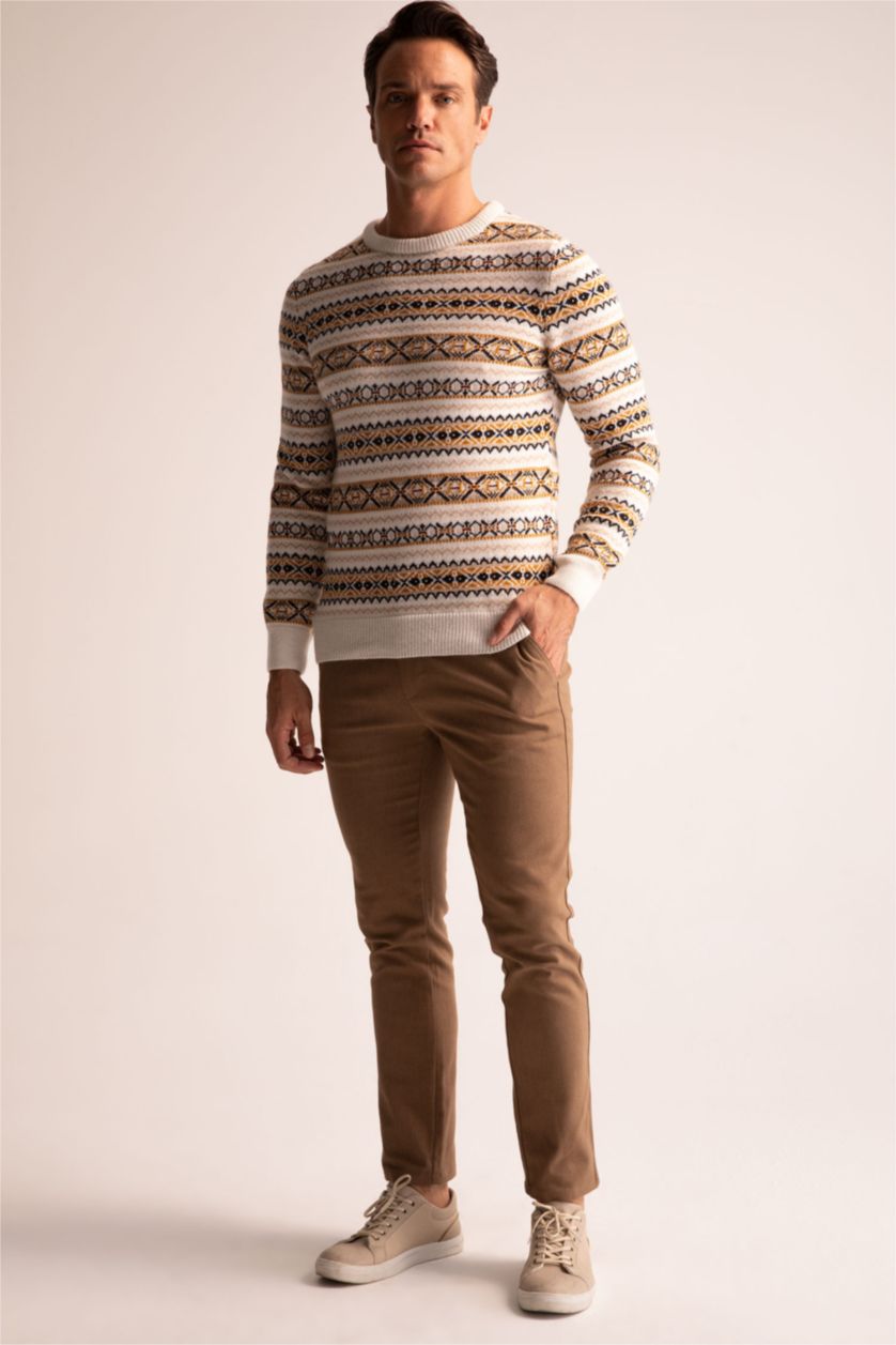 MAN Light Beige Melange Regular Fit Crew Neck Patterned Sustainable Knitwear Sweater
