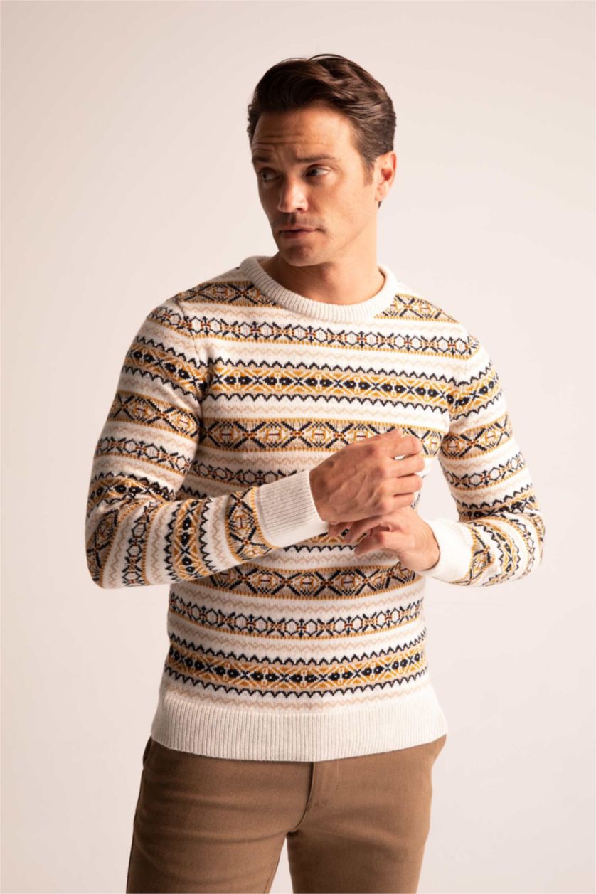 MAN Light Beige Melange Regular Fit Crew Neck Patterned Sustainable Knitwear Sweater