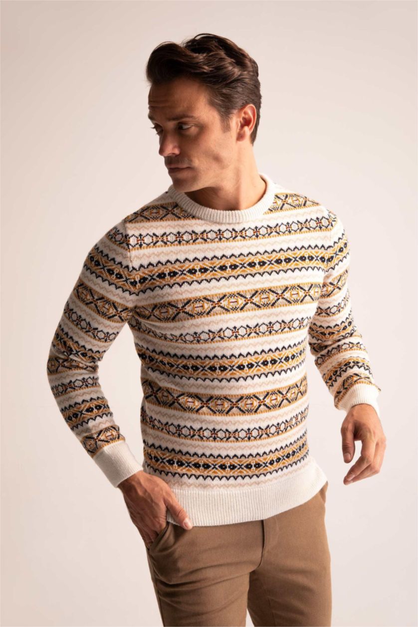 MAN Light Beige Melange Regular Fit Crew Neck Patterned Sustainable Knitwear Sweater