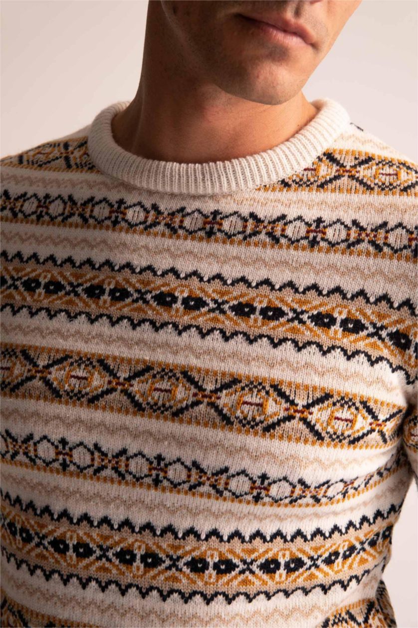 MAN Light Beige Melange Regular Fit Crew Neck Patterned Sustainable Knitwear Sweater