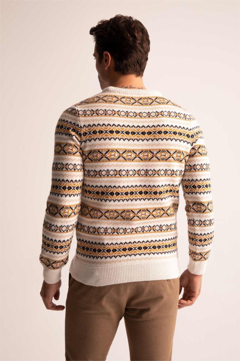 MAN Light Beige Melange Regular Fit Crew Neck Patterned Sustainable Knitwear Sweater