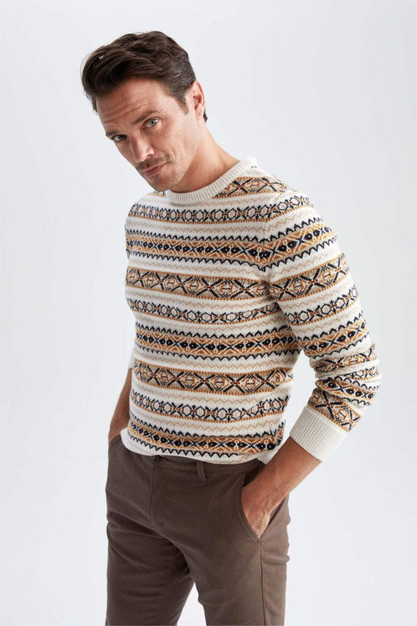 MAN Light Beige Melange Regular Fit Crew Neck Patterned Sustainable Knitwear Sweater