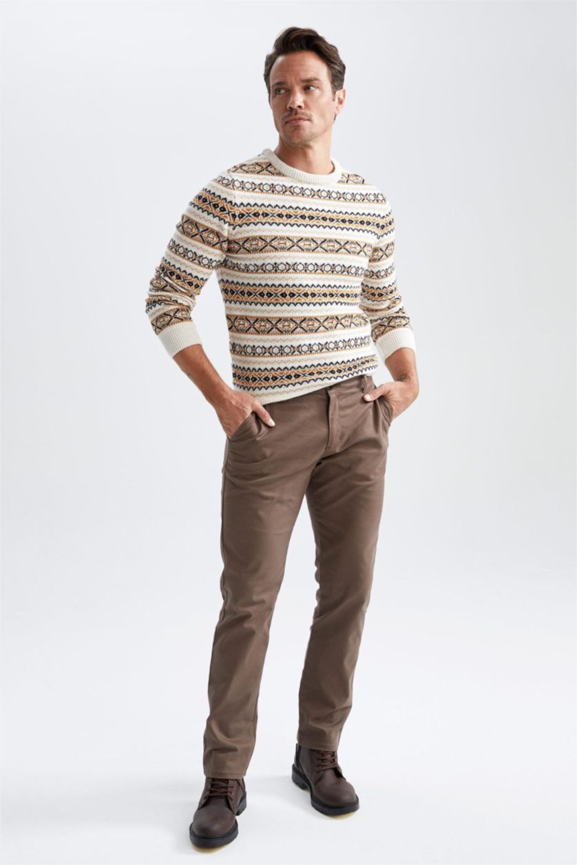 MAN Light Beige Melange Regular Fit Crew Neck Patterned Sustainable Knitwear Sweater