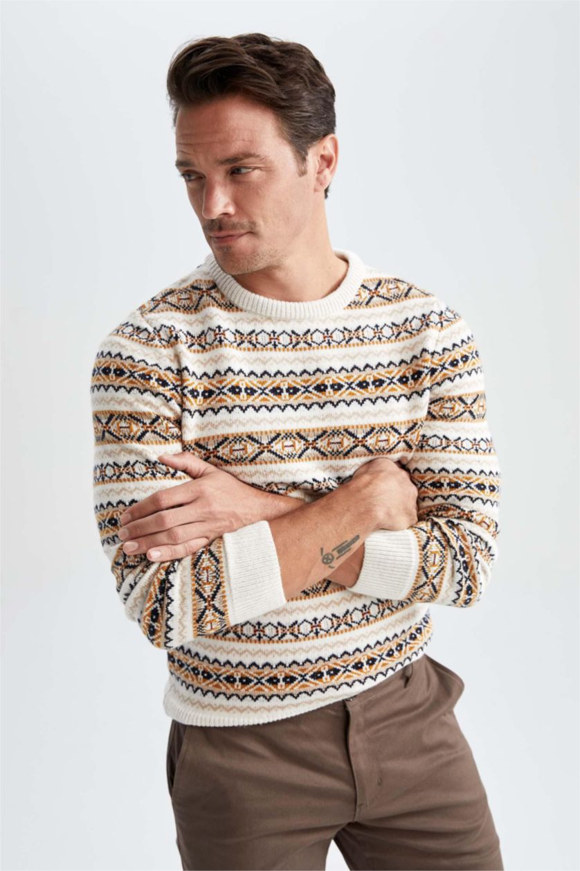 MAN Light Beige Melange Regular Fit Crew Neck Patterned Sustainable Knitwear Sweater